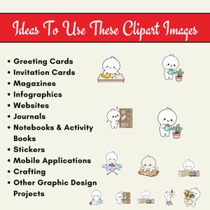 May include: A digital graphic featuring the text Ideas To Use These Clipart Images followed by a list of applications and a collection of small, white, round-headed cartoon characters performing various household chores and activities.