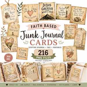 May include: A collection of faith-based junk journal cards featuring vintage-style paper with religious text and illustrations. The set includes 216 PNG files with various scripture quotes, tags, and ephemera designs displayed in a grid layout.