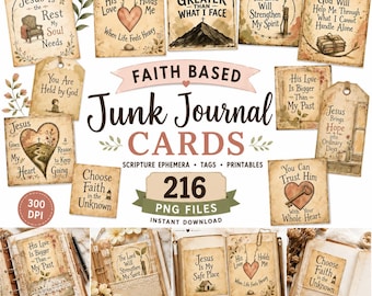Faith Junk Journal Kit, Christian Ephemera Printable, Scripture Cards & Tags,Bible Journaling Printables, Christian Digital Download,216 PNG