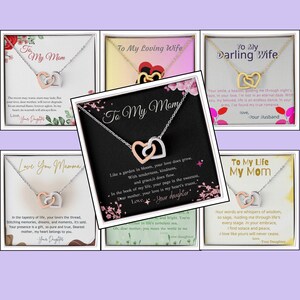 May include: Six different gift boxes with necklaces and heartfelt messages for a mother, wife, or loved one. Each box features a silver and gold intertwined heart necklace with a message inside the box. The messages include "To My Mom", "To My Loving Wife", "To My Darling Wife", "Love You Mamma", "To My Mom", and "To My Life My Mom".
