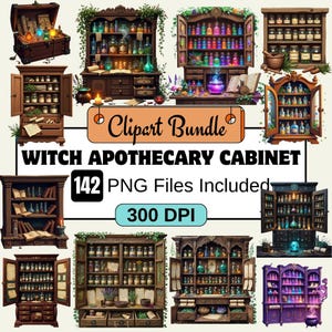 142 Clipart de armário de boticário de bruxa, clipart de alquimia, pacote de clipart de academia escura PNG, kit de bruxaria, png de wiccan, prateleiras de poções png, bruxa png