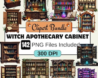 142 imágenes prediseñadas de boticario de bruja, imágenes prediseñadas de alquimia, paquete de imágenes prediseñadas de Dark Academia PNG, kit de brujería, Wiccan Png, estantes de pociones png, bruja png