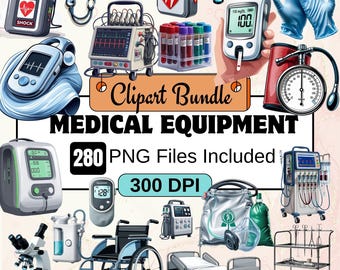 May include: A collection of 280 medical equipment illustrations, including a wheelchair, hospital bed, IV drip, stethoscope, blood pressure cuff, and more. The illustrations are in a cartoon style and are perfect for use in medical publications, websites, or presentations.