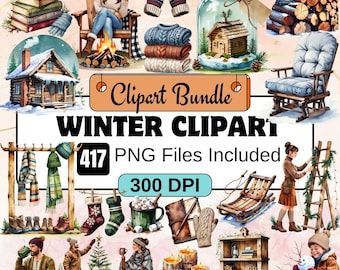 Cozy Winter Clipart,Watercolor Winter Clipart PNG Bundle,Frosty Winter,Christmas Graphics,Rustic Winter Coziness,Snowy Winter Graphics,image