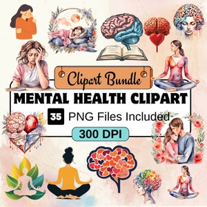 Imágenes prediseñadas de salud mental, paquete PNG de imágenes prediseñadas de salud, paquete de imágenes prediseñadas de salud mental de 35 PNG, descarga digital instantánea, uso comercial