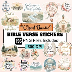 Può includere: Un pacchetto di 196 adesivi digitali con versetti biblici in formato PNG a 300 DPI. La collezione presenta illustrazioni ad acquerello di paesaggi, fiori, una mongolfiera, una chiesa e un agnello, abbinate a testi religiosi e citazioni.