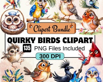 Quirky Birds Clipart,Watercolor Birds Clipart PNG Bundle,135 PNG Watercolor Quirky Birds Clipart Instant Digital Download,Commercial Use