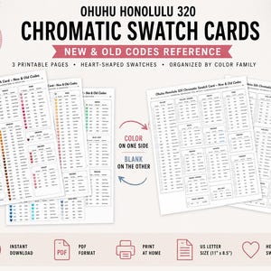 Può includere: Carte campione cromatiche Ohuhu Honolulu 320 con tre pagine stampabili con campioni a forma di cuore organizzati per famiglia di colori. Include riferimento ai codici nuovi e vecchi, formato lettera USA 27,9 per 21,6 cm, PDF.