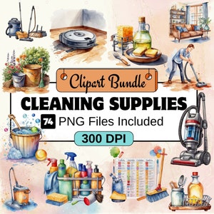 May include: A watercolor clipart bundle of cleaning supplies, including a vacuum cleaner, a bucket, a broom, a sponge, a bottle of cleaning solution, and a spray bottle. The clipart is perfect for creating digital designs, scrapbooking, and other crafts. 74 PNG files included. 300 DPI.