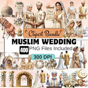 400 cliparts mariage musulman, Nikah Clipart PNG Bundle, mariage islamique, or, clipart Nikah, ismaili, célébration de mariage, clipart mariée marié, Islam