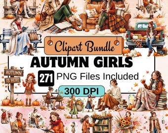 Autumn Gals clipart,Watercolor Autumn Women Clipart PNG Bundle,Fall Winter Fashion Girl,Cozy Fall,Cozy fall girl Illustration,Autumn graphic