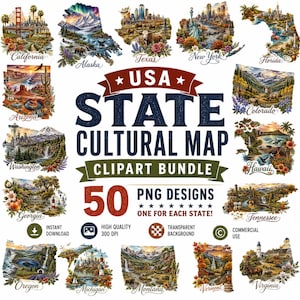 Op de afbeelding: Een digitaal clipartpakket getiteld USA STATE CULTURAL MAP met 50 PNG-ontwerpen, één voor elke staat. De collectie bevat kleurrijke, gedetailleerde illustraties van bezienswaardigheden, landschappen en flora die verschillende Amerikaanse staten vertegenwoordigen.