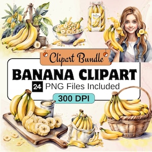 Clipart banane, aquarelle banane PNG Bundle, 24 PNG banane Clipart Bundle, téléchargement numérique instantané, usage Commercial