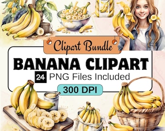 Banana Clipart, Watercolor Banana PNG Bundle, 24 PNG Banana Clipart Bundle, Instant Digital Download, Commercial Use