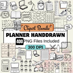 Może przedstawiać: Czarno-biały pakiet clipartów z ręcznie rysowanymi ilustracjami elementów planera. Zawiera obrazy laptopa, budzika i tekst, który brzmi "Clipart Bundle", "Planner Handdrawn" i "400 PNG Files Included".