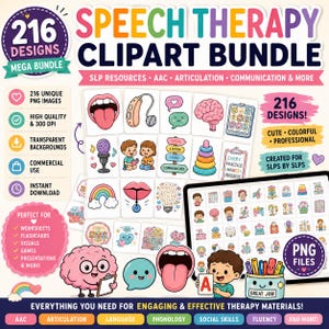 May include: A digital speech therapy clipart bundle featuring 216 unique PNG images. The collection includes colourful illustrations of brains, mouths, hearing aids, children, rainbows, and communication tools, with text labels like Speech Therapy Clipart Bundle.