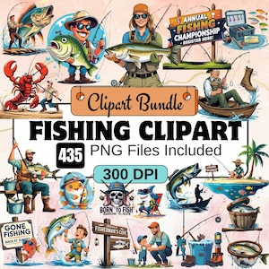 435 Clipart de pesca, paquete de imágenes prediseñadas PNG del día del pescador, equipo de pesca, aparejos de pesca, clipart de pescador, png de pesca vintage, pesca con acuarela