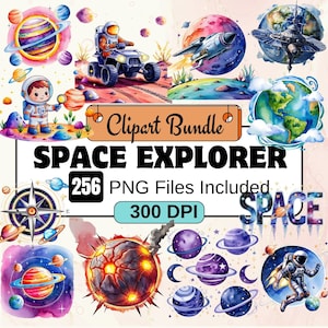 Pacote de clipart do explorador espacial, astronauta e planeta PNG transparente, download digital, galáxia do espaço sideral, pacote de clipart espacial aquarela 256