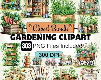 Gardening Clipart,watercolor gardening PNG Bundle,Vintage gardening tool Garden Beds & Planter Clipart bundle,home garden clipart,garden png