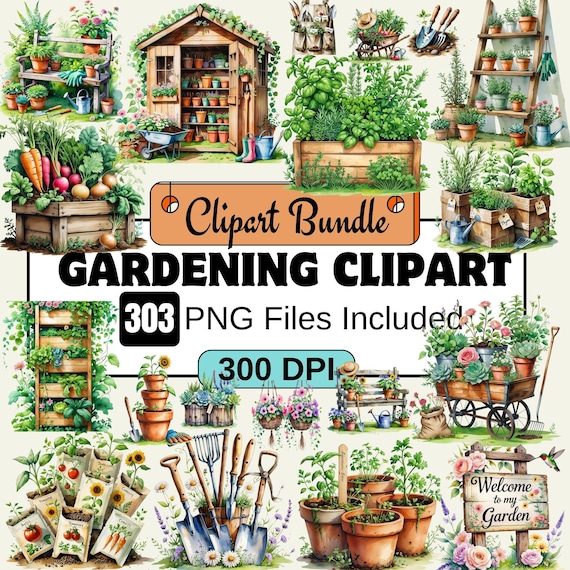Gardening Clipart,watercolor gardening PNG Bundle,Vintage gardening tool Garden Beds & Planter Clipart bundle,home garden clipart,garden png