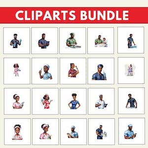 May include: A digital clipart bundle featuring illustrations of healthcare workers in various poses. The illustrations are in a cartoon style and feature people of color. The bundle includes a doctor, a nurse, and a medical assistant.