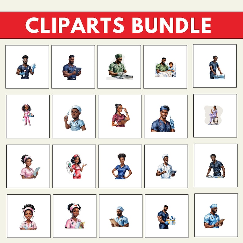 May include: A digital clipart bundle featuring illustrations of healthcare workers in various poses. The illustrations are in a cartoon style and feature people of color. The bundle includes a doctor, a nurse, and a medical assistant.
