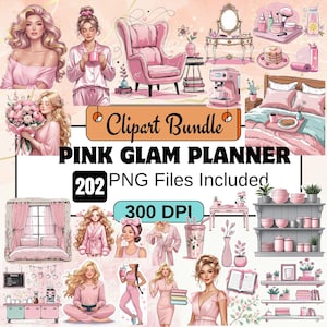 202 cliparts Glam Gal, agenda glamour aquarelle, routine du matin Clipart PNG Bundle, clipart soins personnels, autocollant numérique, PinkClipart, clipart café