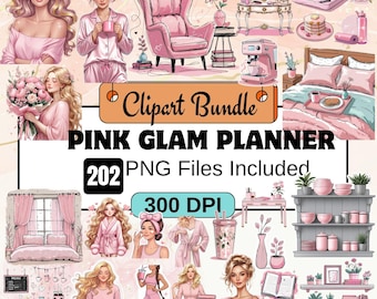 202Glam Gal Clipart,Watercolor Glam planner, Morning Routine Clipart PNG Bundle,Self Care Clipart,Digital Sticker,PinkClipart,Coffee Clipart