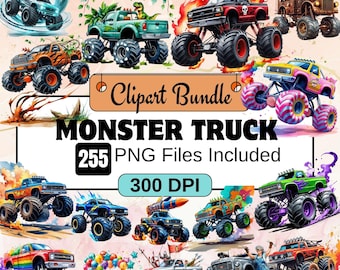 Monster Truck Clipart,watercolor cartoon monster truck clipart PNG Bundle,truck clipart,monster jam truck,truck png,monster truck,motorbike
