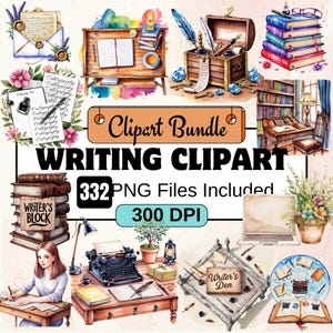 Schrijven aquarel clipartbundel, 330 png-afbeeldingen op pen en papier, schrijfbenodigdheden literaire compositie graphics, instant digitale download