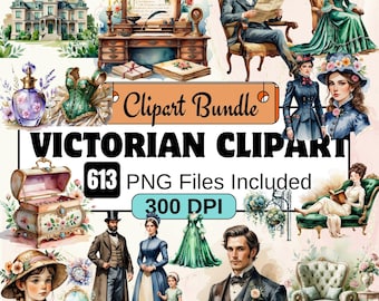 613 Victorian Clipart Bundle Set,Watercolor Vintage Clipart PNG,Victorian Illustration Decor,Ephemera Printable,Junk Journaling,Vintage Item
