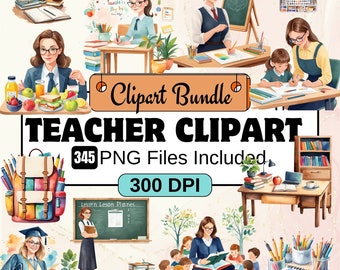 Teacher Watercolor Clipart, School Clipart PNG Bundle, 345 Classroom Education Counselor Graphics, Clipart Bundle, Instant Digital Download