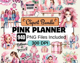 Watercolor Planner Girl Clipart, Pink Planning Clipart Bundle, Book Lover, Journal Png, Girl Boss Png Cozy Planner Clipart, 940 PNG Planner