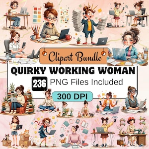 Könnte beinhalten: Ein digitales Clipart-Bundle mit dem Titel "Quirky Working Woman" mit 236 PNG-Dateien. Das Bild zeigt Illustrationen von Frauen, die an Laptops arbeiten, Telefone benutzen und basteln. Die Illustrationen sind im Cartoon-Stil mit einem rosa und weißen Hintergrund.
