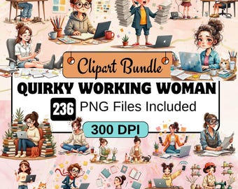 Pode incluir: Um pacote de clip art digital intitulado "Quirky Working Woman" com 236 arquivos PNG. A imagem apresenta ilustrações de mulheres trabalhando em laptops, usando telefones e criando. As ilustrações são em estilo cartoon com um fundo rosa e branco.