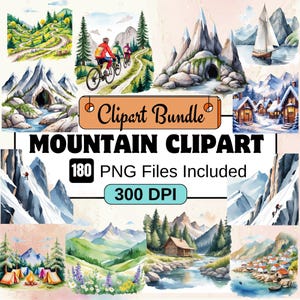 Montagne scandinave des cliparts, montagne des cliparts PNG Bundle, 180 PNG aquarelle montagne Clipart Bundle, téléchargement numérique instantané, usage commercial