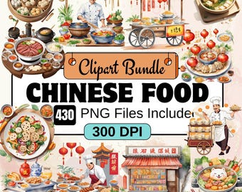 Chinese Food Clipart,Watercolor Asian food, ChineseFood Box Clipart,PNG Bundle,420 Asian Food Clipart Bundle,Fruits Clipart,Instant Download