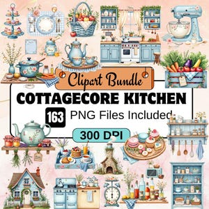 Könnte beinhalten: Ein digitales Clipart-Bundle mit dem Titel "Cottagecore Kitchen" mit 163 PNG-Dateien. Das Bild zeigt verschiedene Aquarellillustrationen von Küchenartikeln, darunter eine Teekanne, ein Mixer, Regale und ein Obstkorb. Die Farbpalette ist weich, mit Blau-, Grün- und Rosatönen.