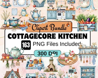 163 imágenes prediseñadas de cocina azul estilo cottagecore, paquete PNG estilo cottagecore, PNG de cocina floral, utensilios de cocina vintage, platos rústicos, cocina campestre