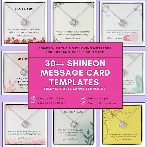 Plus de 30 modèles de cartes de message Shineon, collier personnalisé Shineon Designs, impression de bijoux ShineOn modifiables à la demande POD Utilisation professionnelle