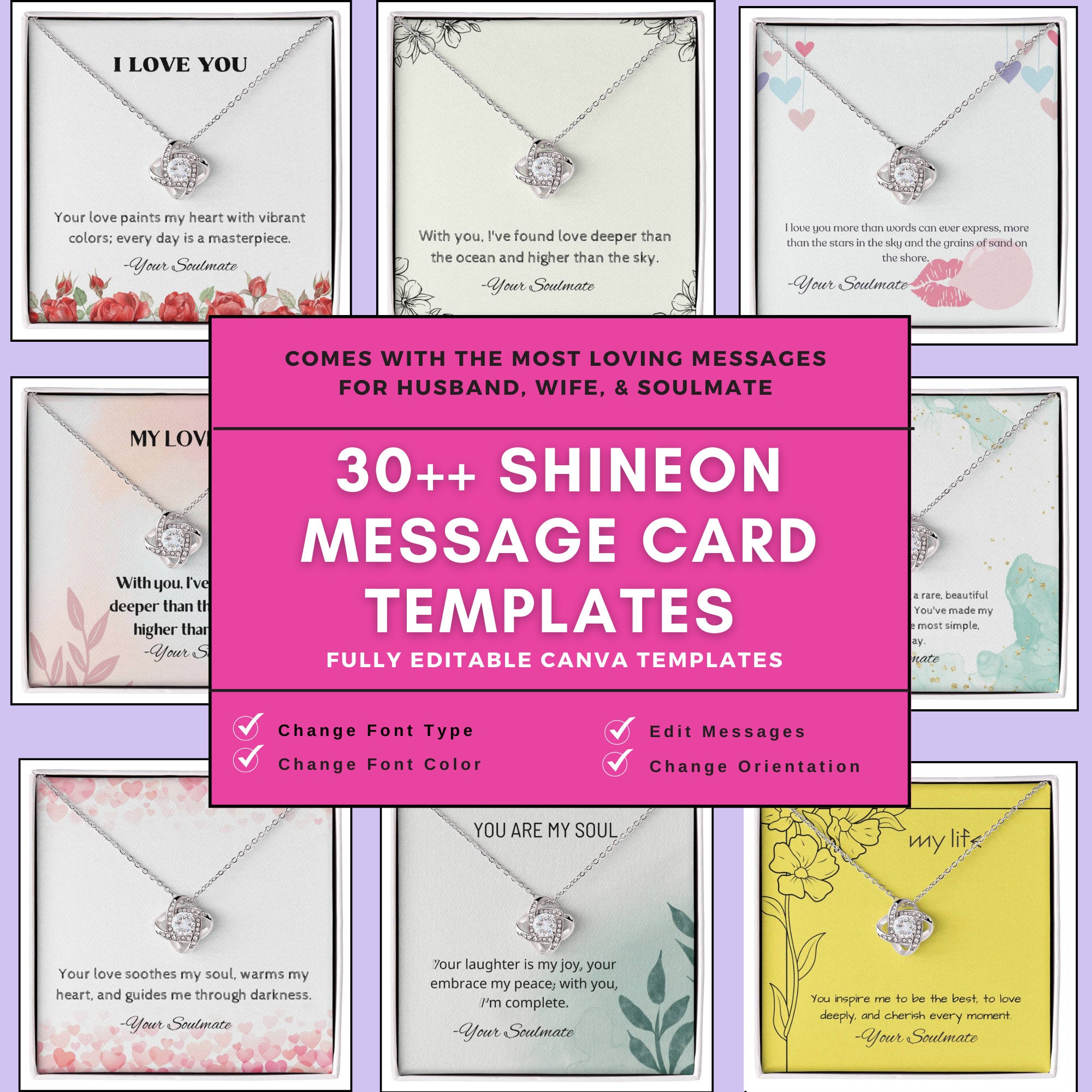 30 Shineon Message Card Template Bundle, Custom Necklace Shineon
