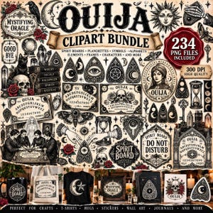 Pode incluir: Um pacote de clipart digital com ilustrações em preto e branco de tabuleiros Ouija, planchettes, crânios, luas, sóis e símbolos ocultos. A coleção inclui 234 arquivos PNG com textos como 'OUIJA', 'MYSTIFYING ORACLE' e 'DO NOT DISTURB'.