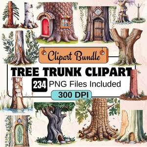 May include: A digital clipart bundle of 234 tree trunk illustrations. The illustrations are in PNG format and are 300 DPI. The tree trunks are in various styles, including with doors, windows, and other details. The text "Clipart Bundle" and "Tree Trunk Clipart" is included in the image.