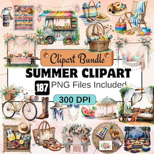 187 Summer Clipart, Boho Summer Clipart PNG Bundle, clipart tropical, png saisonnier, vacances, été cosy png, ambiance estivale png, planificateur bohème
