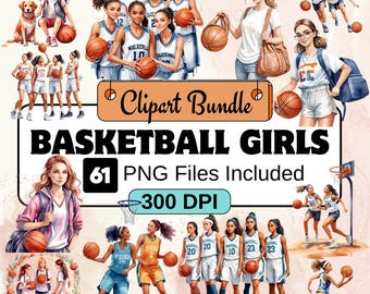 May include: A digital clipart bundle of 61 basketball girls in various poses, including dribbling, shooting, and holding basketballs. The girls are wearing different uniforms and have different hairstyles. The clipart is 300 DPI and includes PNG files.