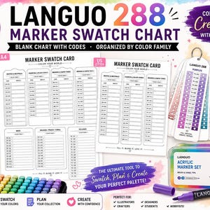 Könnte beinhalten: Ein Languo 288 Marker-Farbmuster-Set mit druckbaren Blättern in A4 und US-Letter-Format, einem ringgebundenen Farbmuster-Kartenstapel und einer rechteckigen Metalldose mit Acrylmarkern, wobei ein einzelner violetter Marker davor liegt.