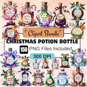 Może przedstawiać: Cyfrowy pakiet clipart z 150 butelkami świątecznych eliksirów. Butelki są zilustrowane w stylu akwarelowym i prezentują różne świąteczne wzory, w tym płatki śniegu, gwiazdy i laski cukrowe. Butelki są wypełnione kolorowymi cieczami i mają etykiety z fantazyjnymi nazwami, takimi jak "Świąteczny Eliksir Blask" i "Zaczarowany Bożonarodzeniowy Urok".