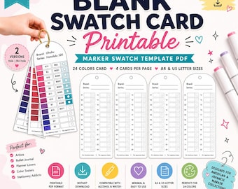 Blank Swatch Card Printable PDF | Marker Swatch Template | 24 Color Swatch Chart | 4 Cards Per Page | A4 & US Letter | Instant Download