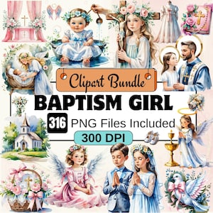 Clipart de niña bautizada, paquete de imágenes prediseñadas de bautismo PNG, clipart de ángel bautizado, gráficos de bautizo, paquete de imágenes PNG cristianas rosas, ceremonia cristiana