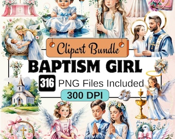 May include: A digital clipart bundle of watercolor illustrations for baptism. The bundle includes 316 PNG files at 300 DPI. The illustrations feature a variety of images, including a baby girl being baptized, a church, a dove, flowers, and angels. The text "Clipart Bundle Baptism Girl 316 PNG Files Included 300 DPI" is included in the image.